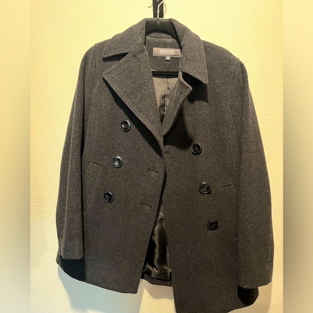 Kenneth Cole Reaction Double Breasted Wood Blend PeaCoat Charcoal Gray Size 2 S